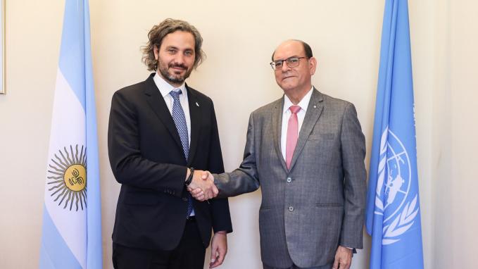 Canciller Santiago Cafiero con su par de la República del Perú, César Landa Arroyo, en Ginebra
