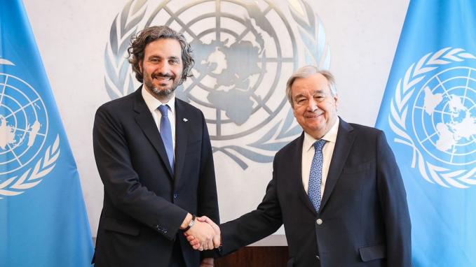 Canciller Santiago Cafiero con Secretario General de la ONU António Guterres, en sede Nueva York